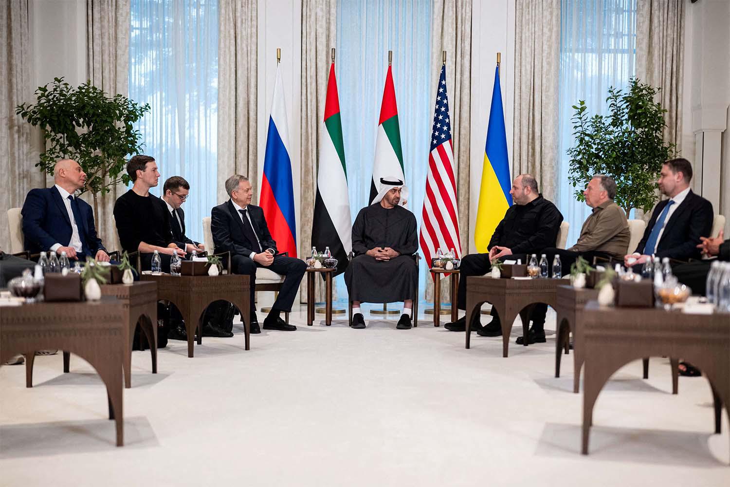 UAE President Sheikh Mohamed bin Zayed Al Nahyan receives the heads of delegations participating in the UAE-hosted trilateral talks between the US, Russia and Ukraine