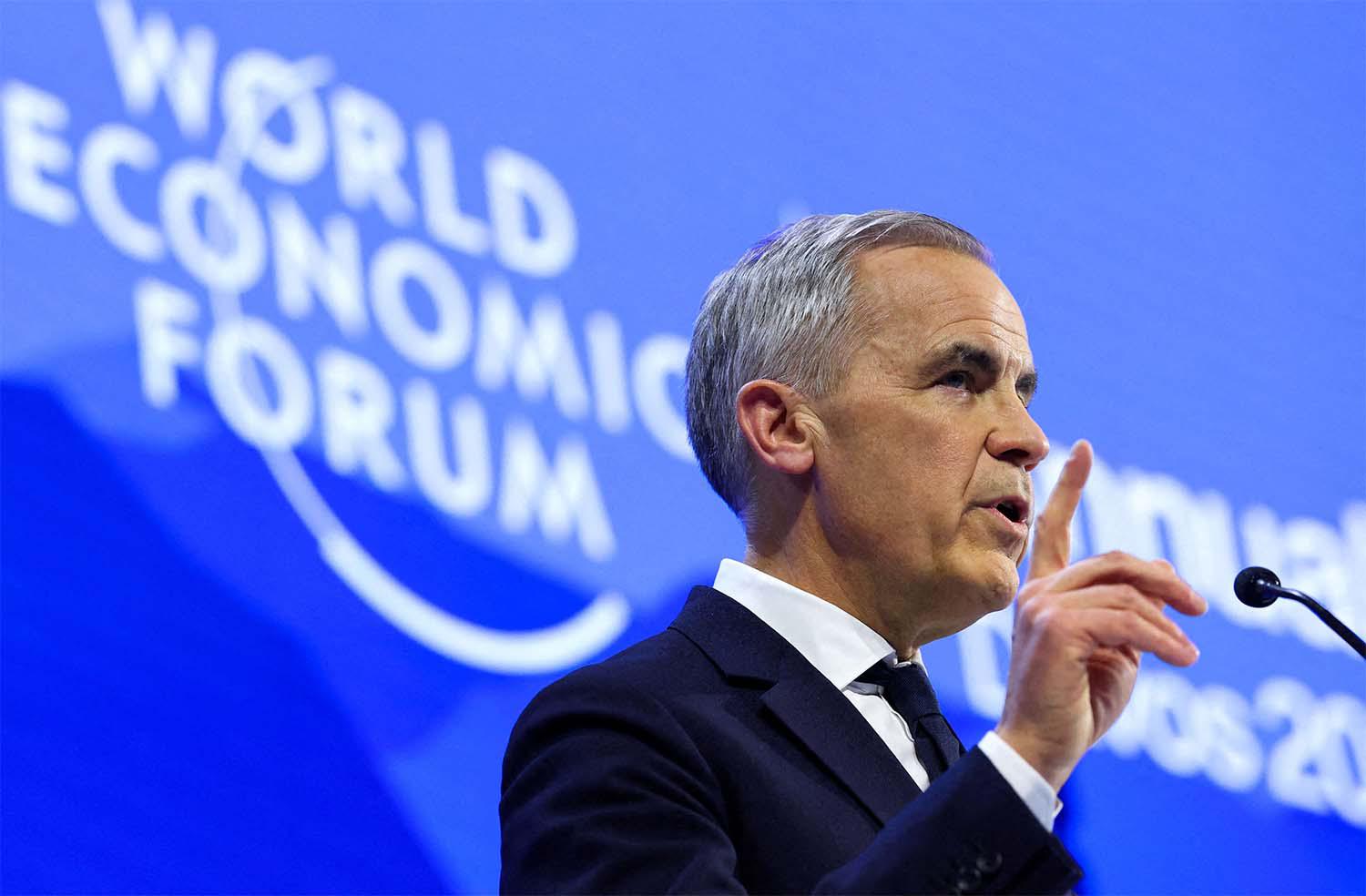 Canada's PM Mark Carney speaks during the 56th annual World Economic Forum meeting in Davos