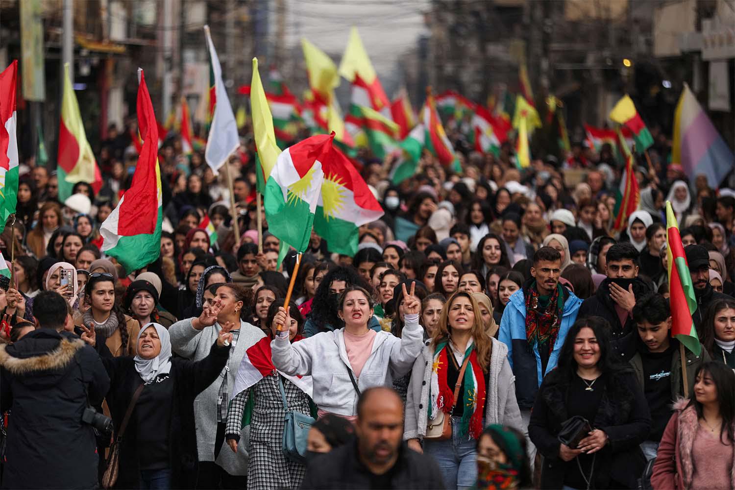 Syrian Kurds protest to demand their rights in the Syrian constitution and in support of Kurdish unity in Qamishli