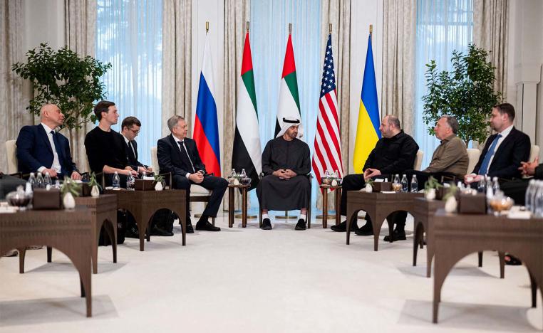 UAE President Sheikh Mohamed bin Zayed Al Nahyan receives the heads of delegations participating in the UAE-hosted trilateral talks between the US, Russia and Ukraine